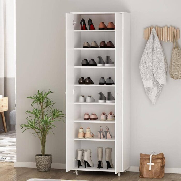 23.6 in. W x 70.9 in. H 24-Pair White Wood 2-Door Shoe Storage Cabinet with Wheels